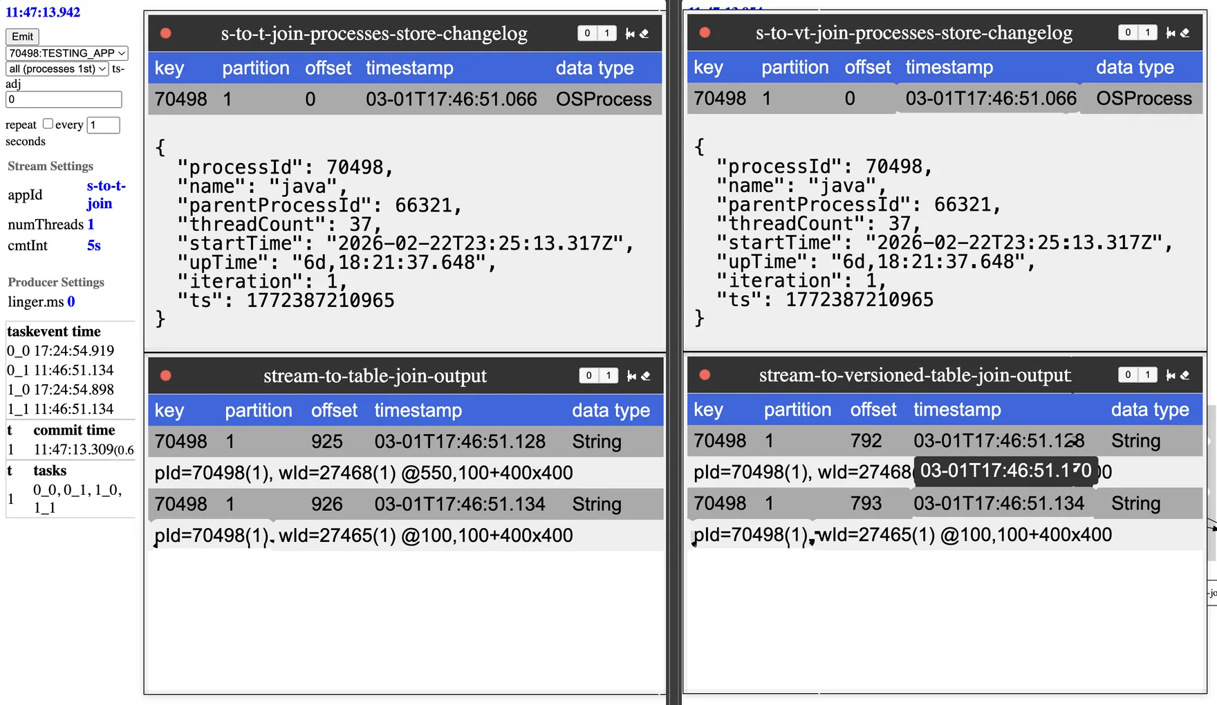 Side-by-side join output when process events arrive first: both tables join the window to the same process version