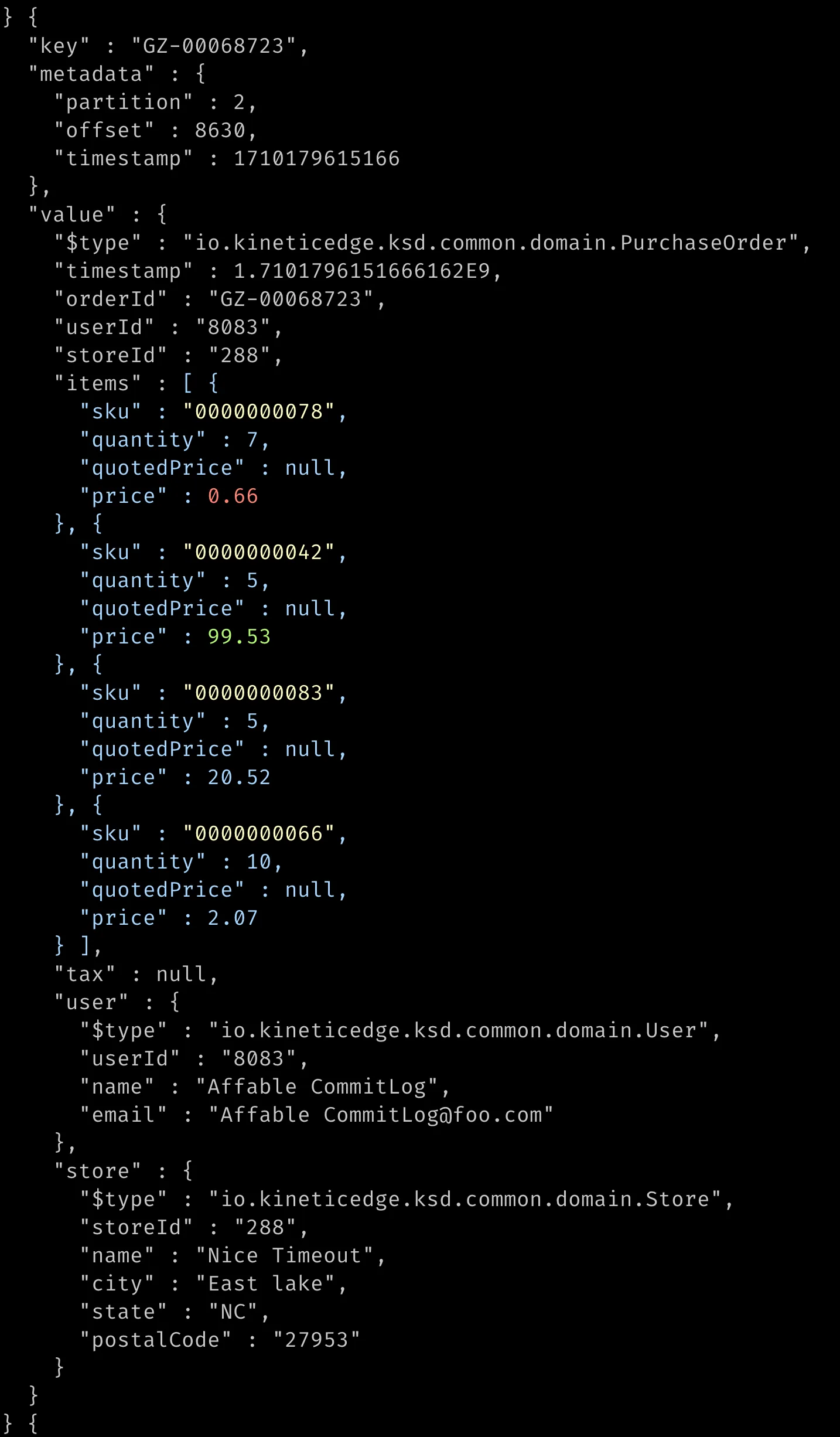 Terminal output of kafka-console-consumer-filter showing filtered JSON orders with items, SKU, and prices highlighted in color