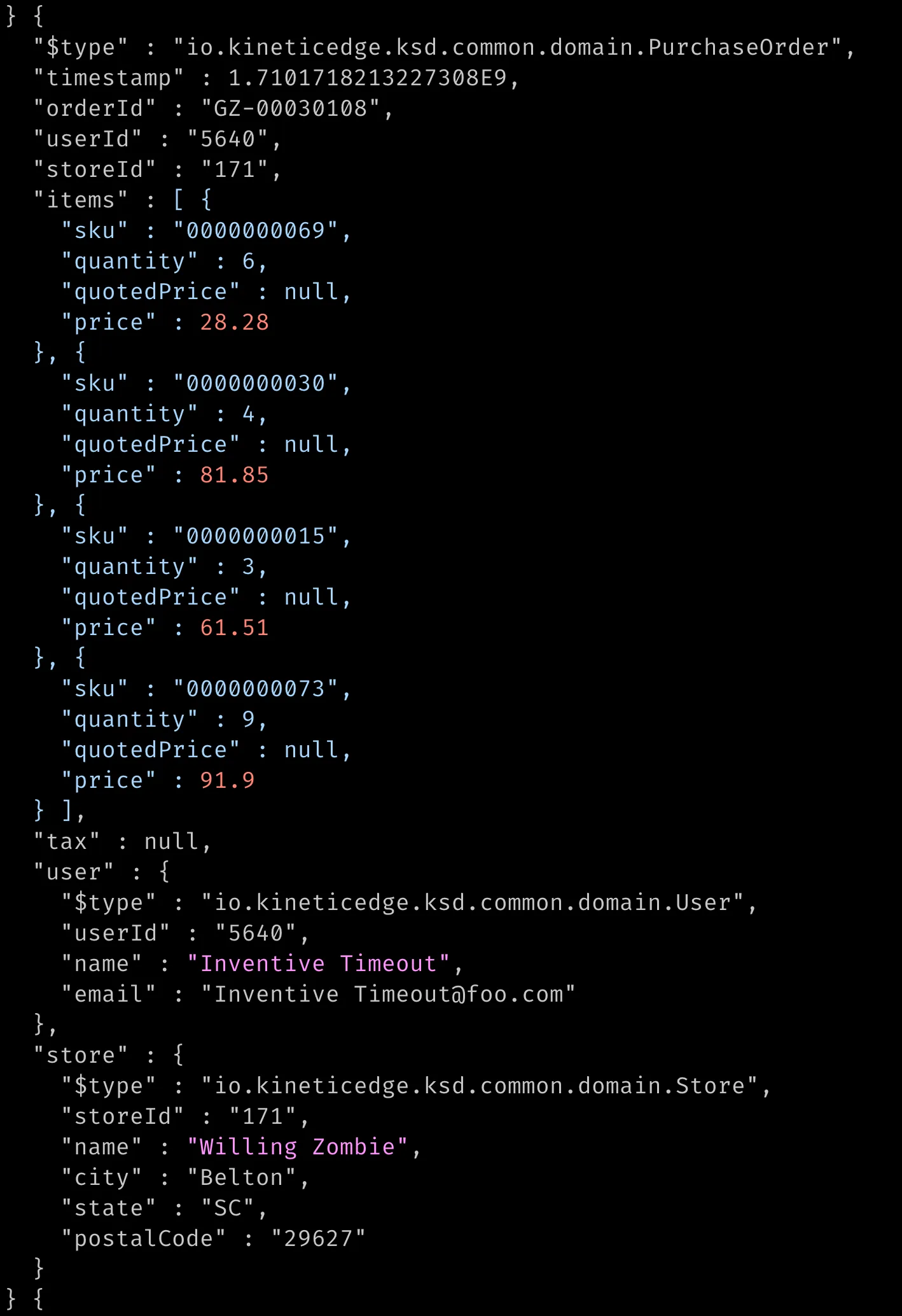 Terminal output showing only orders with four or more line items, with item arrays, prices, and names highlighted