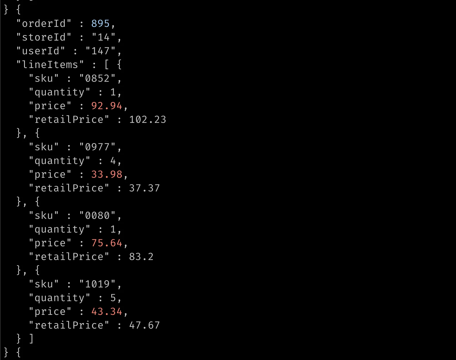 Terminal output of an Avro purchase-orders topic rendered as JSON, with order IDs in blue and prices in red