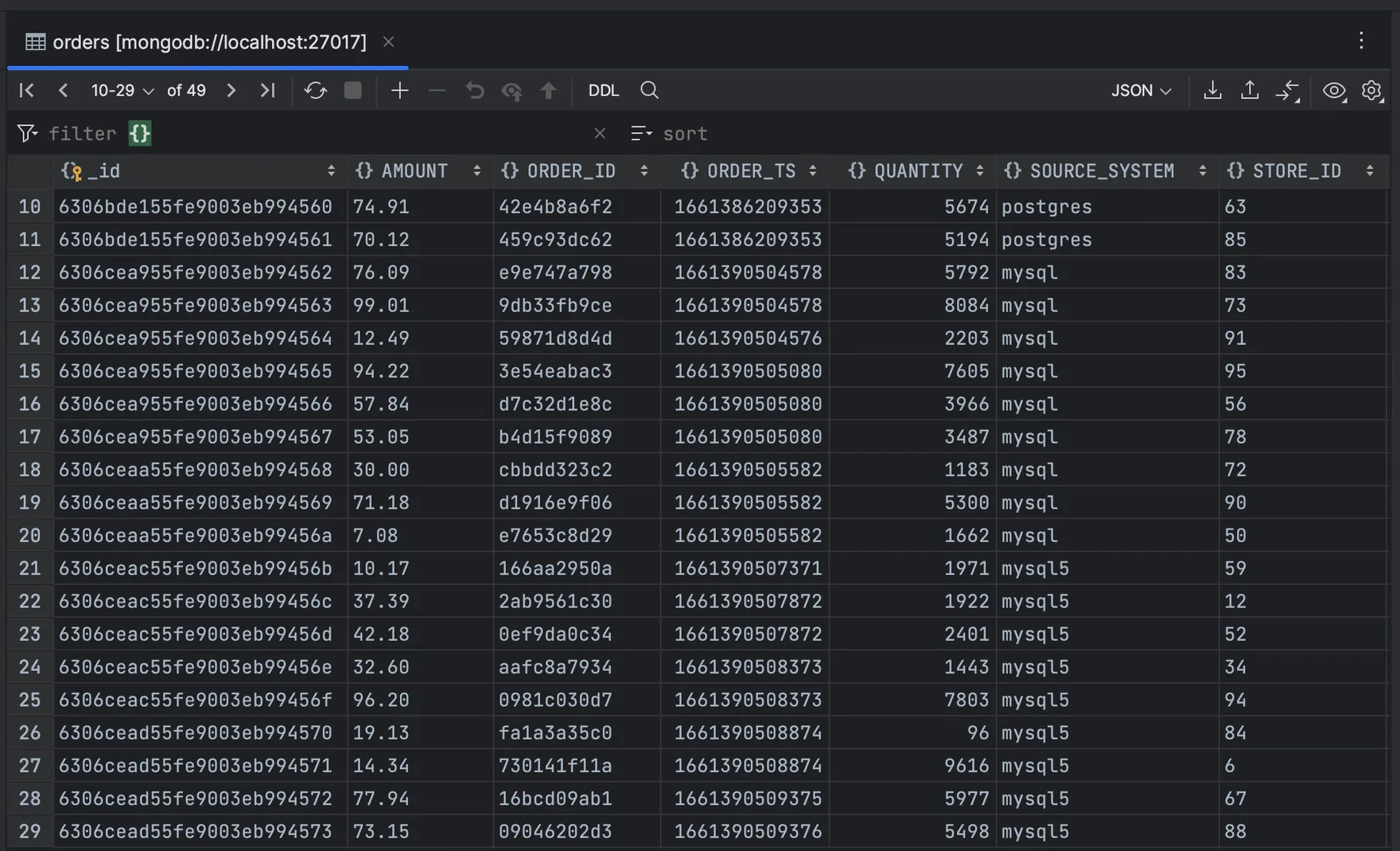 MongoDB document view showing order records with decimal amounts stored correctly