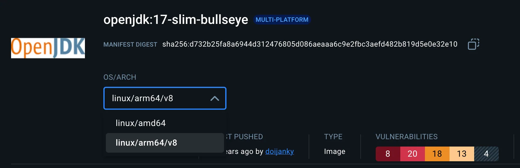 Docker Hub page for the openjdk 17 image listing its supported architectures, including arm64/v8
