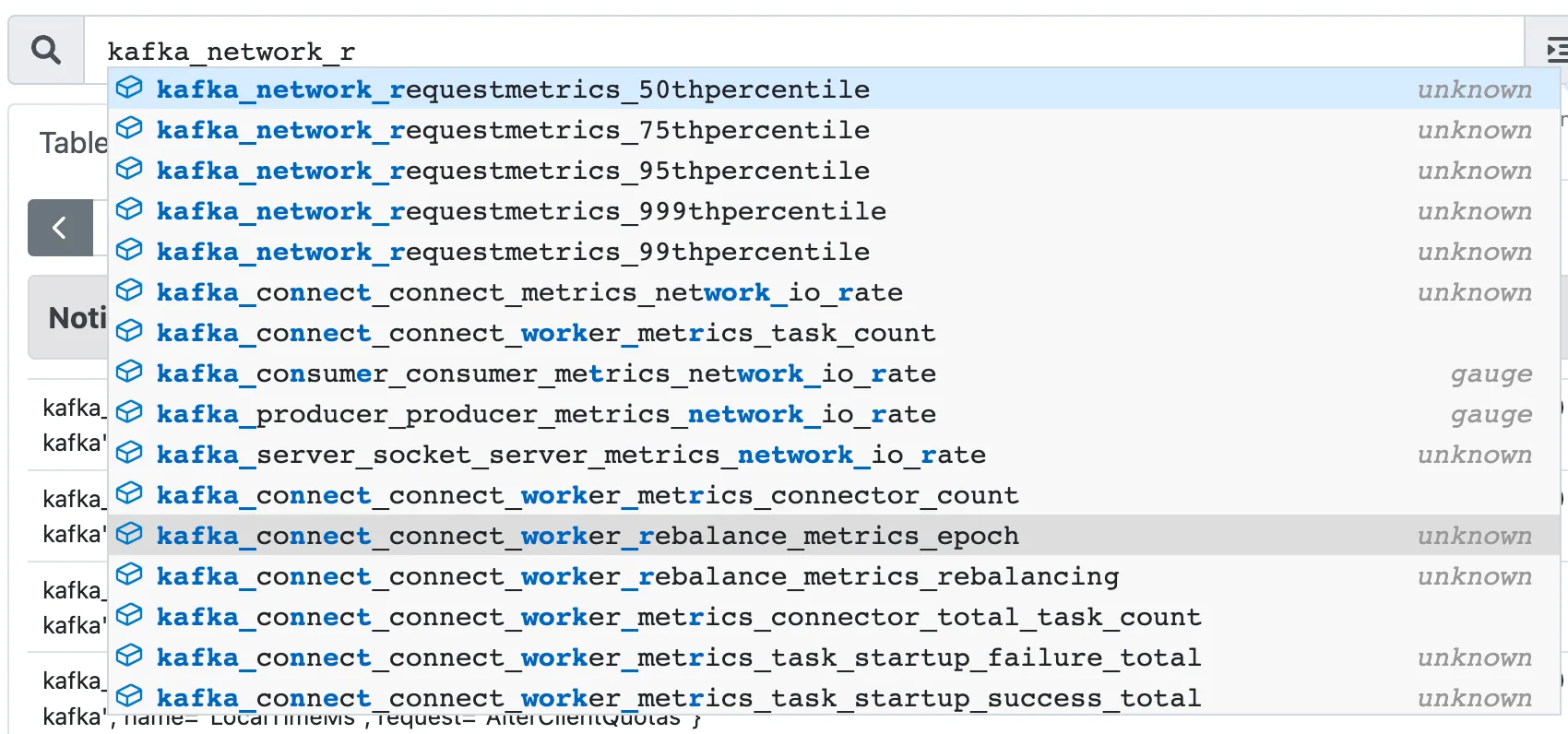 Prometheus web UI with the metric name autocomplete list open while typing a Kafka metric