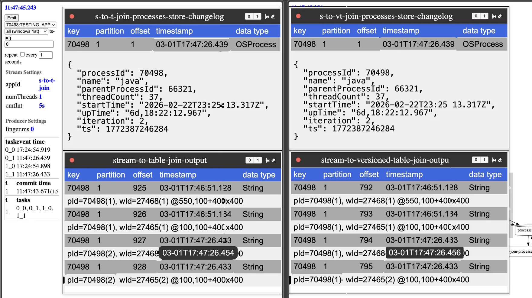 Side-by-side join output when window events arrive first: the versioned table joins by the event timestamp