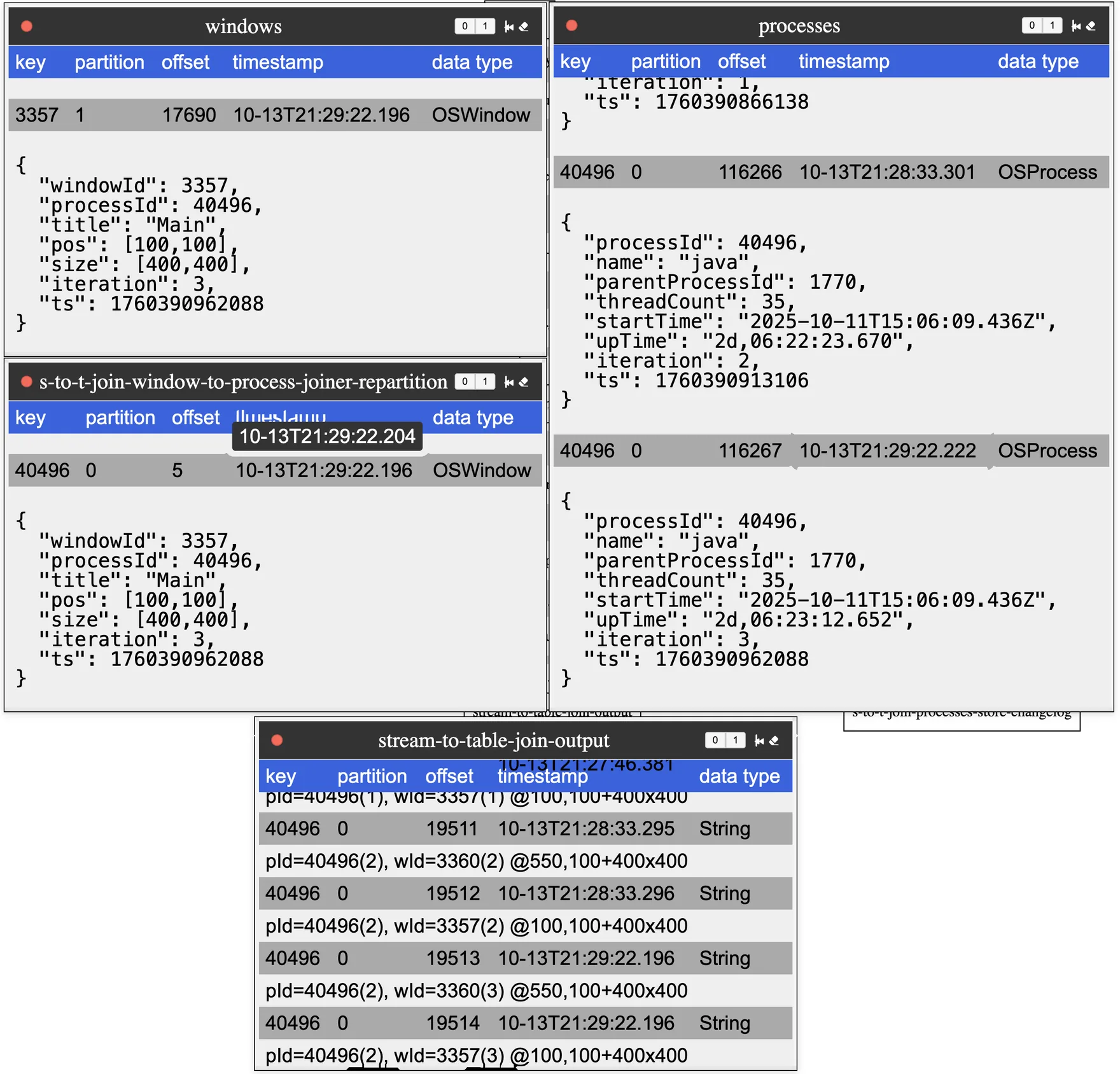 Demo UI showing window events joined to the previous iteration of process events after a longer delay